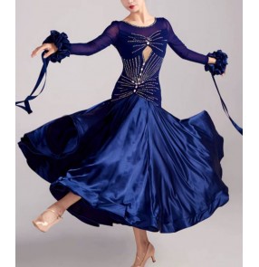 Customized size navy red competition ballroom dance dress for women girls waltz tango foxtrot smooth dance long gown with floats